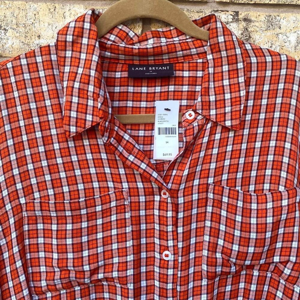 size 14 Lane Bryant flannel plaid top button down no peek cropped tie hem orange - Picture 5 of 6